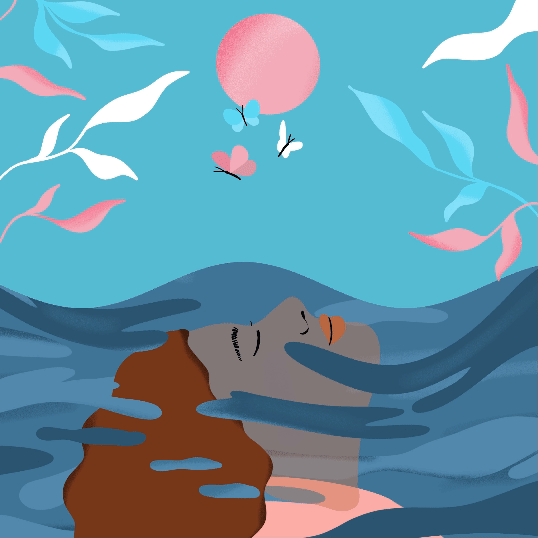 Illustration of a female floating in water