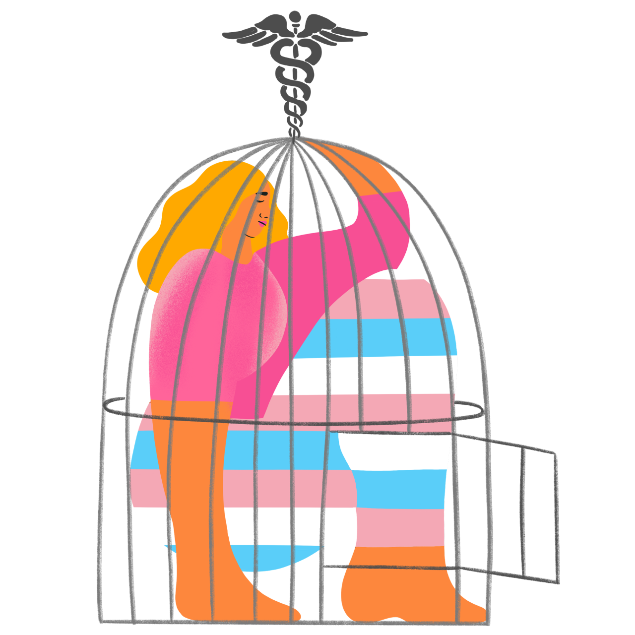 Illustration of person in a bird cage