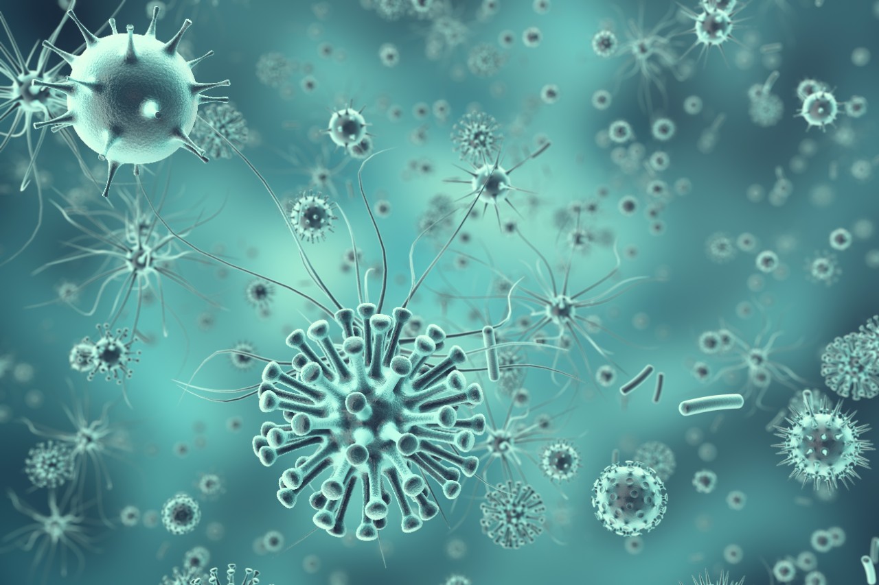 3d rendering viruses in infected organism, viral disease epidemic, virus abstract background.