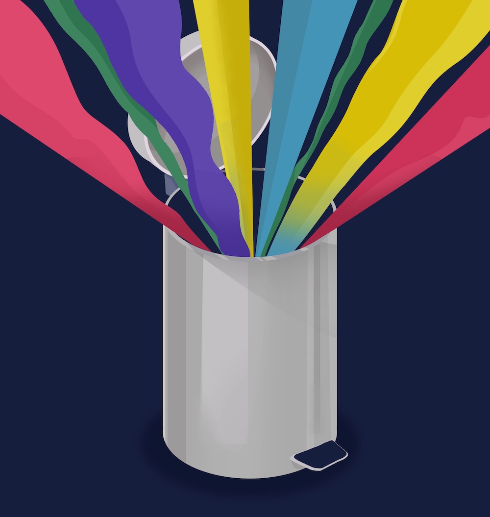 trash can with colorful contents