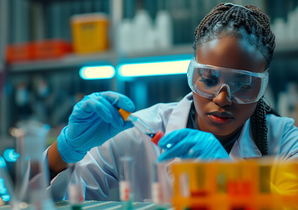Candid black pharmaceutical lab specialist analysing medicine vials & hospital patient samples African american female medical student working in science laboratory on research PPE protective clothing