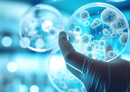 A scientist holds a petri dish with virus and bacteria cells.