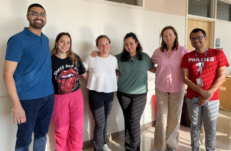 Languino Lab 2024: (L to R) Ishan Chaudhari, Camila Bach, Cecilia Verrillo, Nicole Naranjo, Dr. Lucia Languino, Niamat Hossain