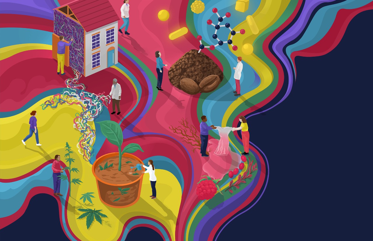 Colorful illustration of community recycling efforts